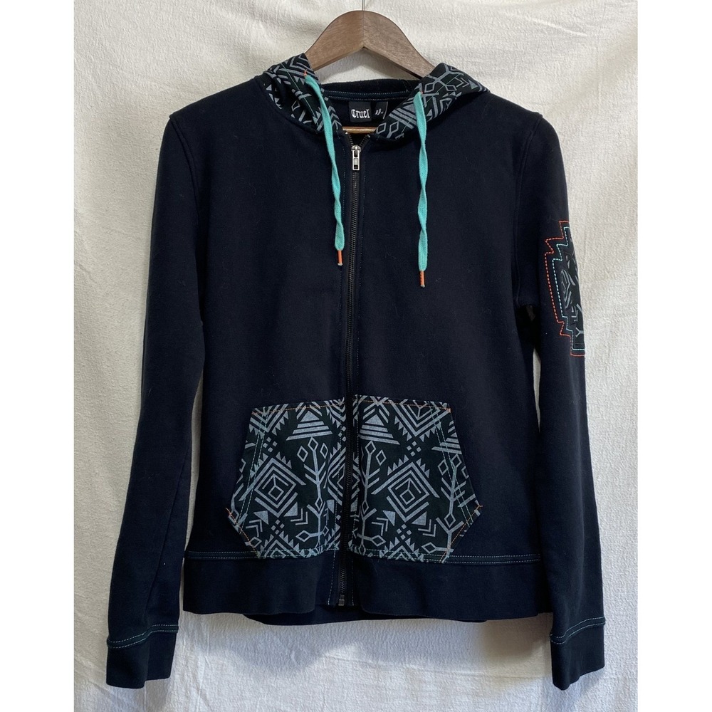 Cruel Girl Southwest Aztec Print Full Zip Hoodie Black Teal Orange Women Small - Picture 2 of 16